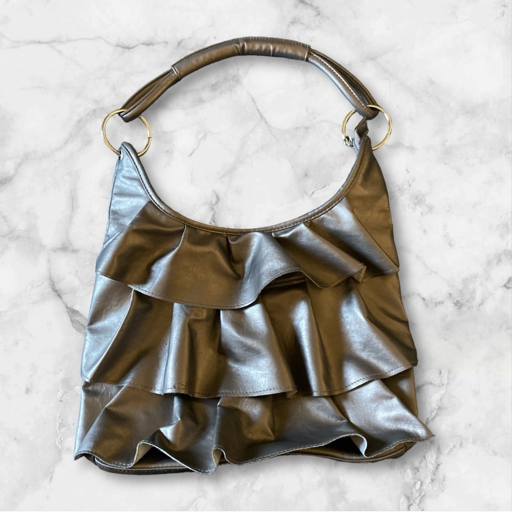 Cato Purse Silver ruffles with chrome Boho shoulder bag 12x4 x10 zi…